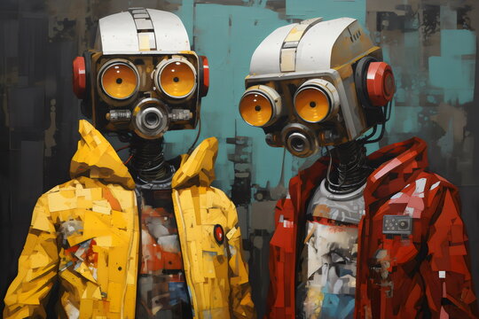 two cute robots wearing human clothing standing together, illustration made with generative ai