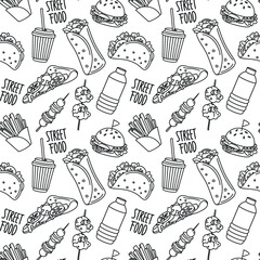 Street food in monochrome design. Outline sketch. Seamless pattern. Vector.