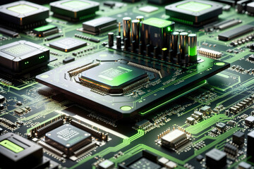 Obraz premium Close-up view of a modern GPU card with circuit and connections 3D rendering