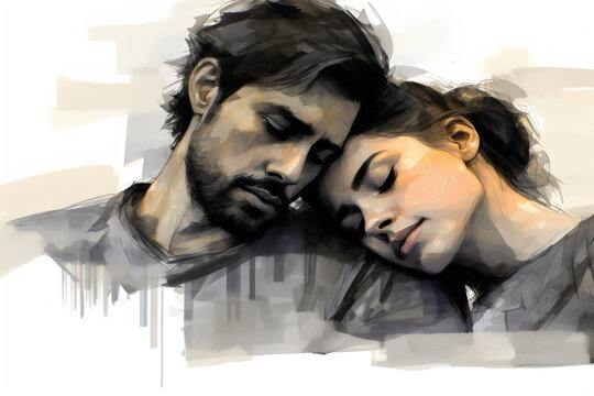 sad couple resting on shoulder with white background, watercolor illustration made with generative ai
