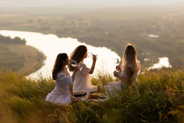 Girlfriends having picnic on the mountain at sunset. Group of young women sitting on grass on summer evening. Girlfriends drinking wine on outdoor party.	