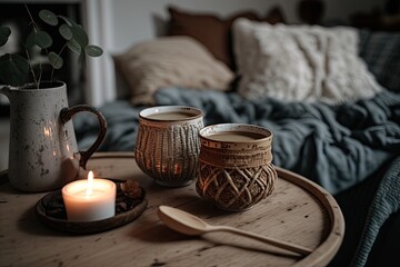 cozy coffee table setup with candles and mugs. Generative AI