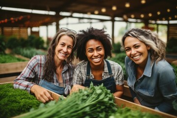Happy multiethnic female farmer working inside the greenhouse