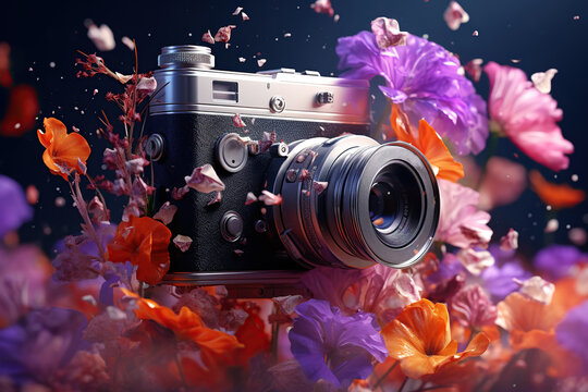 Photo vintage camera in flowers and plants background, World photography day, save best moments, photographer logo, AI Generative
