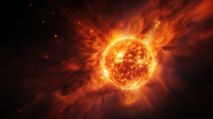 Sun in the space escaping red and orange flames