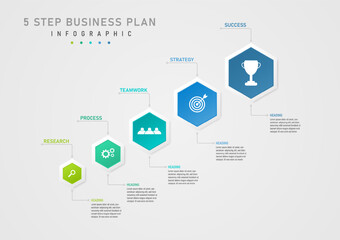 infographic template 5 steps business plan for success Multi-colored hexagons arranged in a row with an icon in the middle. Top and bottom lines with circles and letters on a gray gradient background.