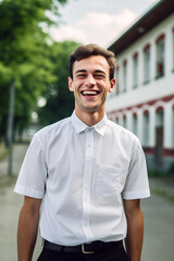 Fototapeta premium A handsome young man wearing a white shirt standing in the street smiling at the camera.