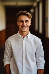 Obraz premium A handsome young man wearing a white shirt standing in the street smiling at the camera.