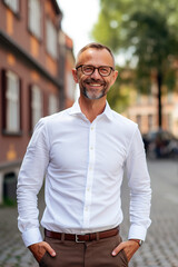Fototapeta premium A handsome young man wearing a white shirt standing in the street smiling at the camera.