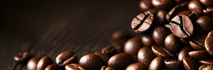 無数のコーヒー豆の粒クローズアップ、パノラマ写真、ボケ背景
