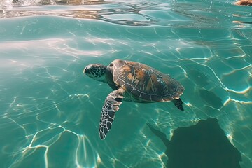 turtle swimming in the shallow waters by the beach. Generative AI