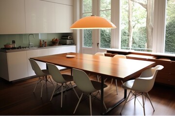  modern dining room with a sleek table, chairs, and a hanging pendant lamp. Generative AI