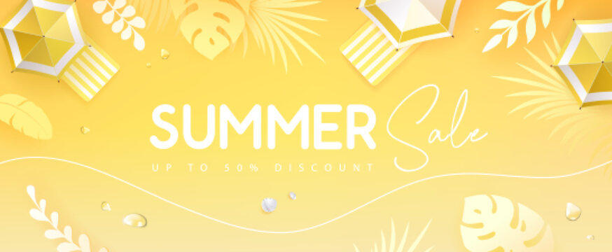 Top view summer big sale tropical banner with tropic leaves and beach umbrella. Summertime background. Vector illustration