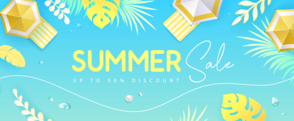 Top view summer big sale tropical banner with tropic leaves and beach umbrella. Summertime background. Vector illustration