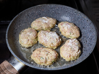 Meat cutlets are fried in a pan. Home cuisine. Homemade dishes from minced meat.