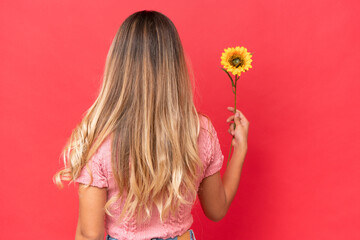 Young pretty Uruguayan woman holding sunflower isolated on background in back position
