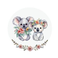 Portrait of two cute koalas with tropical flowers. Koala watercolour illustration with flowers, for kids design, logo, designer blank, for invitation, t-shirt print