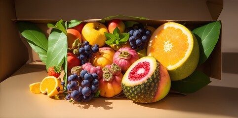 Fruits and berries in a cardboard box on the table.