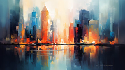 Abstract oil painting of a city with bold strokes
