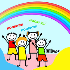 Illustration of some happy children shouting Hooray with rainbow decorations and bold text on light blue background to celebrate Hooray for Kids Day on August 4