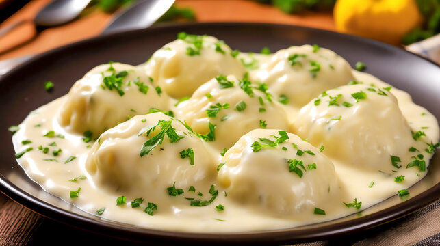 Kartoffelkl&ouml;&szlig;e Klassische deutsche Kartoffelkn&ouml;del mit cremiger Sauce with Generative AI