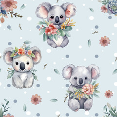 Pattern of cute koalas in hats. Pattern for children's clothes. Cartoon animals on a coloured background for printing on paper, textiles, postcards © Anastasiia