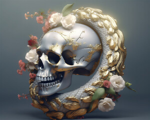 skull with flower. 3D render style. illustration Ai generative.