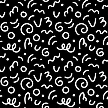 Abstract squiggle seamless pattern. Hand drawn fun line doodles. Black and white background for children or trendy design. Simple scribble wallpaper print.