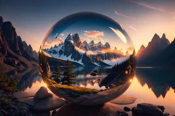 Winter landscape in a glass bowl with mountains in the background. - Powered by Adobe