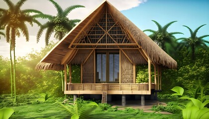 Fototapeta na wymiar Wooden house in the forest, a house with tropical background, forest, house, nature, architecture, tree, traditional, forest, home, roof, hut, palm, wood, travel, landscape,, background, AI Generated