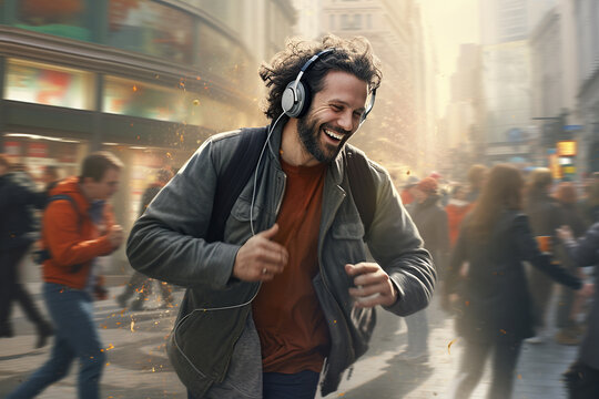 Outdoor portrait of a young attractive man in headphones.
