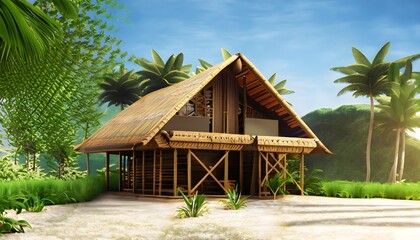 A house with tropical background, traditional, home, wooden, village, roof, tree, travel, sky, hut, summer, wood, building, old, grass, landscape, AI Generated