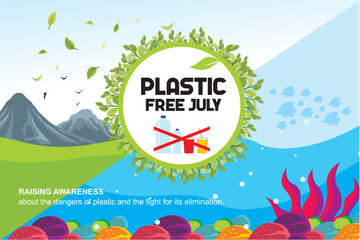 Plastic free july background banner poster and card design template celebrated in july. Environmental banner for plastic waste