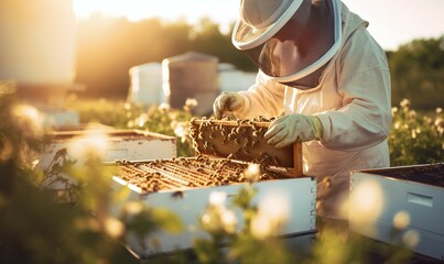 beekeeper working in the garden - obrazy, fototapety, plakaty