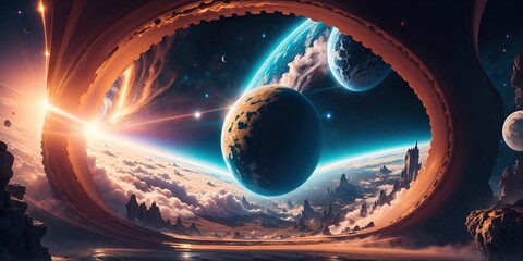 Abstract planet with a view to the galaxy, mythical landscape.