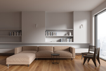 Naklejka na ściany i meble White living room interior with couch and bookshelves