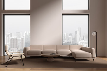 Beige living room interior with couch and armchair, window. Mockup wall