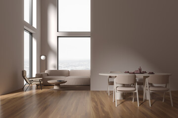 Beige living room interior with dining and chill zone, window. Mock up wall