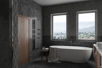 Naklejka na ściany i meble Modern tranquil home bathroom interior with modern amenities and rustic charm, a stunning mountain view. It blends elegance, comfort, and nature. 3d rendering.