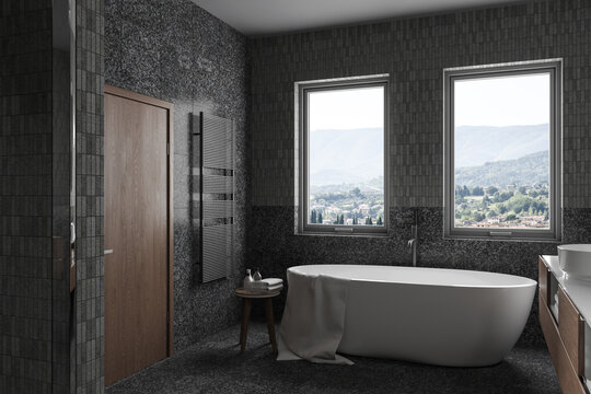 Modern tranquil home bathroom interior with modern amenities and rustic charm, a stunning mountain view. It blends elegance, comfort, and nature. 3d rendering.