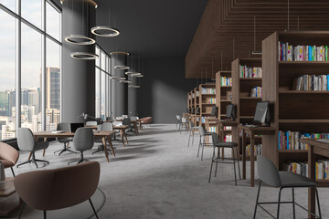 Modern library interior with table and chairs in row, bookshelf and window