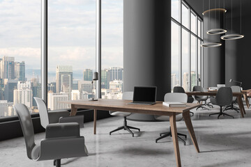 Grey office interior with shared table and chairs in row, panoramic window