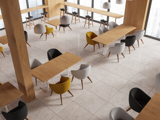 Top view of cafe interior with seats and table in row, eating zone with window