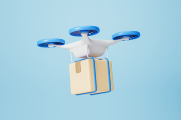 White and blue quadcopter delivery drone with package