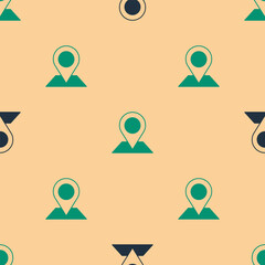 Green and black Location icon isolated seamless pattern on beige background. World or Earth sign. Vector
