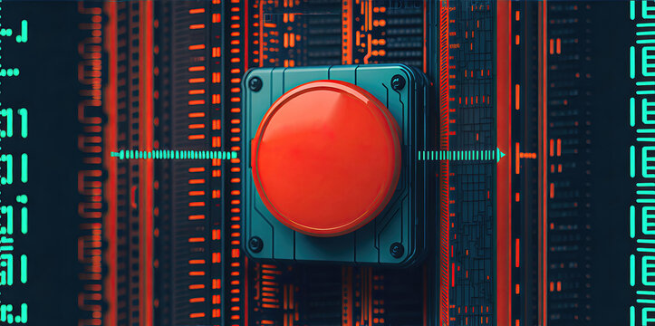 Red emergency stop button on a technical background.