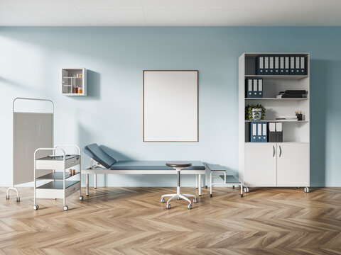Blue medical interior bed with cabinet, partition and mock up frame
