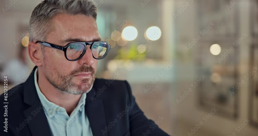 Poster mature business man, thinking and computer in night, office and reading with focus, concentration an