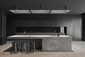 Grey kitchen interior with bar countertop and cooking zone with cabinet