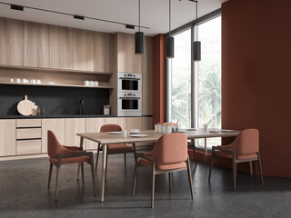 Stylish home kitchen interior with cooking and eating corner, panoramic window